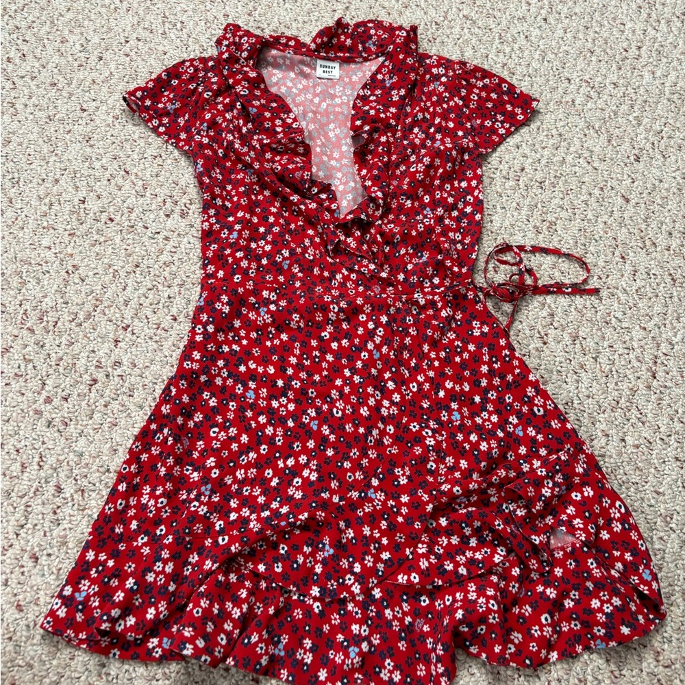 Sunday Best Red Floral Ruffle Wrap Dress